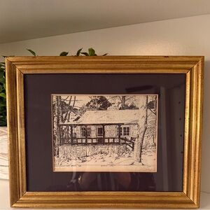 Framed Print Etching titled "Byrd's Nest" w/a cabin /Shenandoah National Park VA